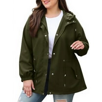 Uootdi Women's Plus Size Rain Jacket Hooded Waterproof Windbreaker Lightweight Outdoor Hiking Coat Adjustable Drawstring Waist with Pockets Army Green Women Top