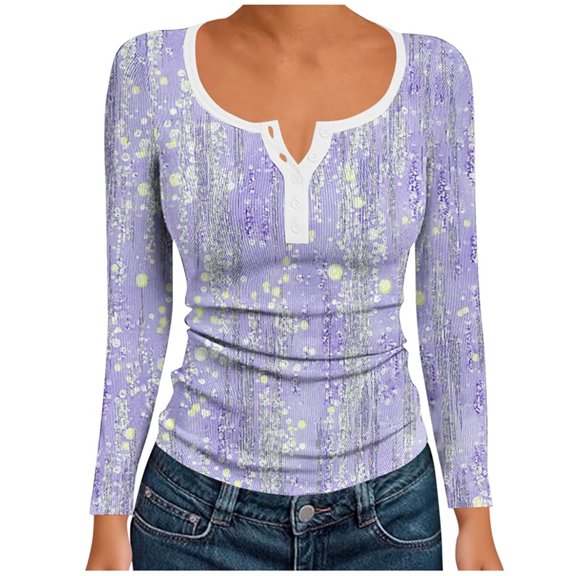 Uootdi Women's Print Long Sleeve Shirts Button Down V Neck Ribbed Knit Henley T Shirts Gift Slim Fit Casual Basic Tops