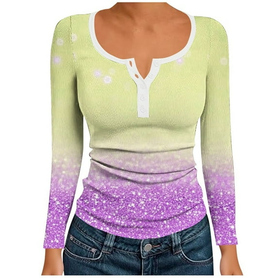 Uootdi Women's Print Long Sleeve Shirts Button Down V Neck Ribbed Knit Henley T Shirts Gift Slim Fit Casual Basic Tops