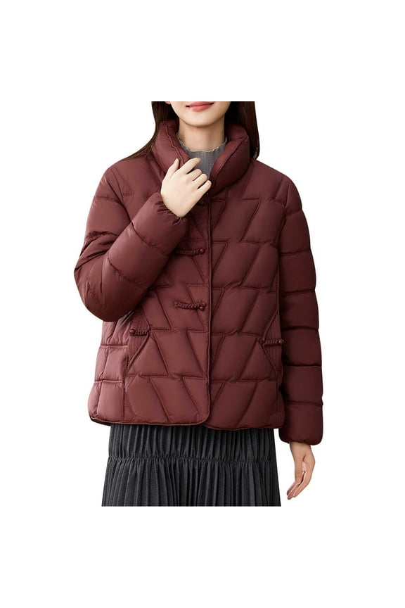 Women's Quilted Puffer Jacket Stand Collar Button Front Winter Coat Short Length Warm Outerwear Trendy Chinese Style Down Alternative Parka Wine Women Top