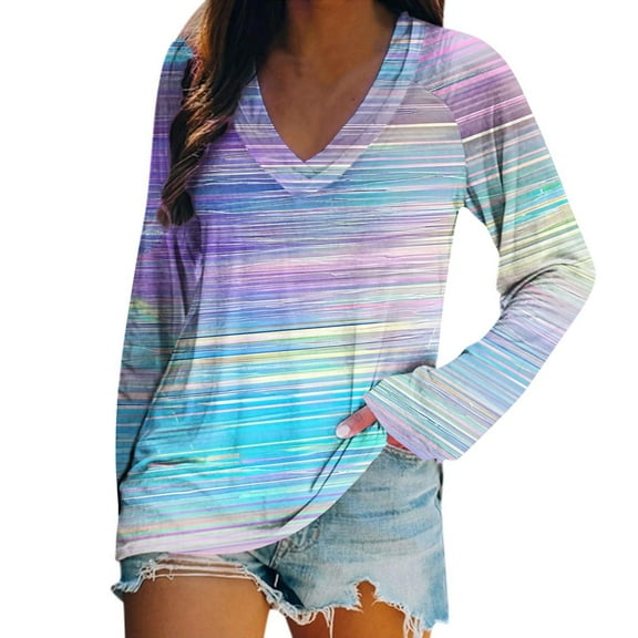 Uootdi Women's Rainbow Striped V - Neck Shirt Casual Long Sleeve Tee Trendy Summer Fashion Colorful Gradient Top Purple Women Tops