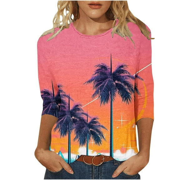 Uootdi Women's Retro Tropical Sunset Print Top 3/4 Sleeve Crew Neck Shirt Casual Summer Fashion Vintage Graphic Tee Vacation Inspired Daily Wear Multicolor Womens Tops