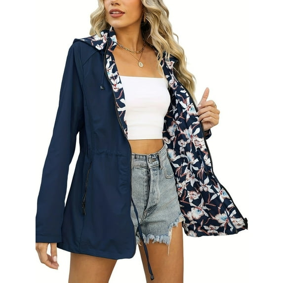 Uootdi Women's Reversible Floral Raincoat - Hooded Lightweight Jacket, Waterproof Windbreaker, Casual Outdoor Coat, Spring Fall Fashion Outerwear, Travel Rain Gear Navy Women Top