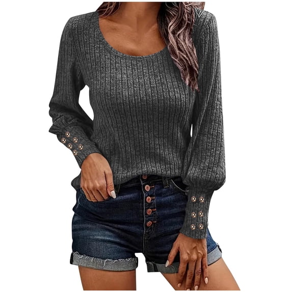 Uootdi Women's Ribbed Knit Sweater Scoop Neck Puff Sleeve Button Detail Casual Fall Winter Trendy Pullover Dark Gray Women Tops