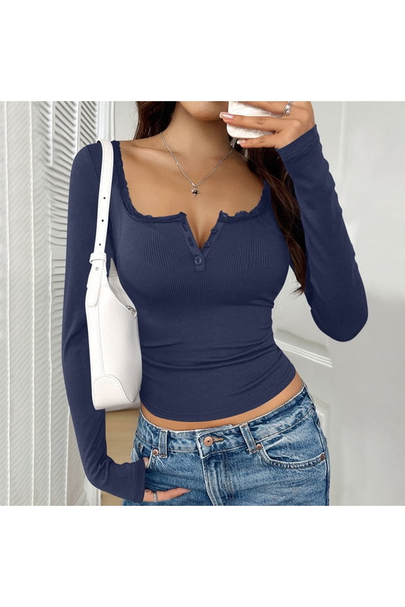 Women's Ribbed Tops V Neck Long Sleeve Button Placket Fitted Tops Chic Soft Stretchy T-Shirts Gift