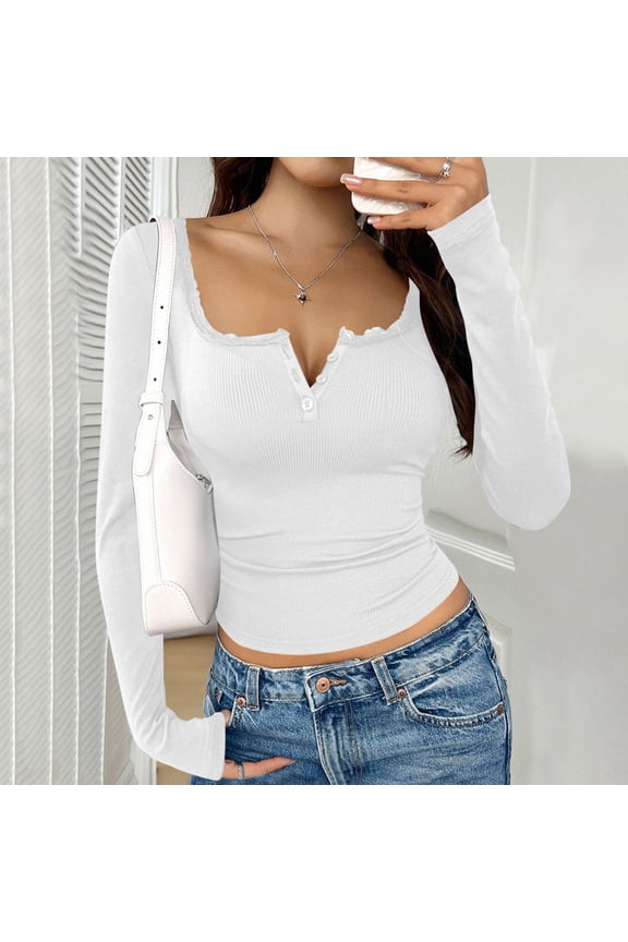 Women's Ribbed Tops V Neck Long Sleeve Button Placket Fitted Tops Chic Soft Stretchy T-Shirts Gift