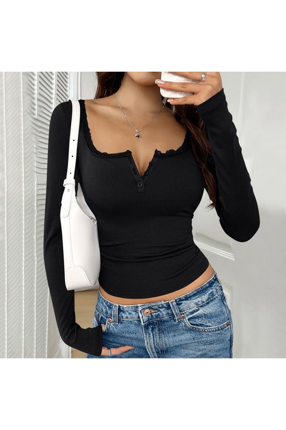 Women's Ribbed Tops V Neck Long Sleeve Button Placket Fitted Tops Chic Soft Stretchy T-Shirts Gift