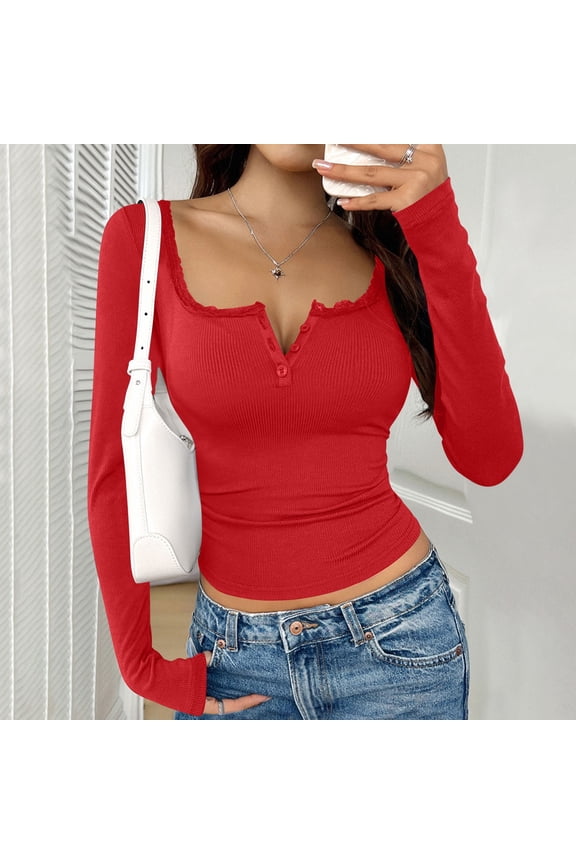 Women's Ribbed Tops V Neck Long Sleeve Button Placket Fitted Tops Chic Soft Stretchy T-Shirts Gift