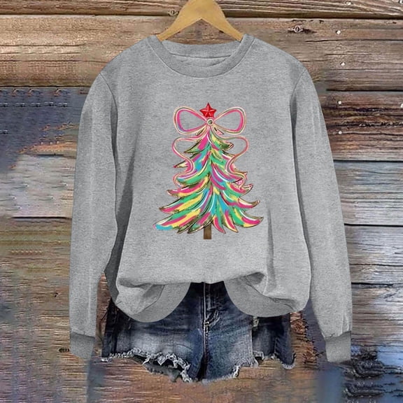 Uootdi Women's Round Neck Merry Christmas Printed Long Sleeved Top Sweatshirts Gift