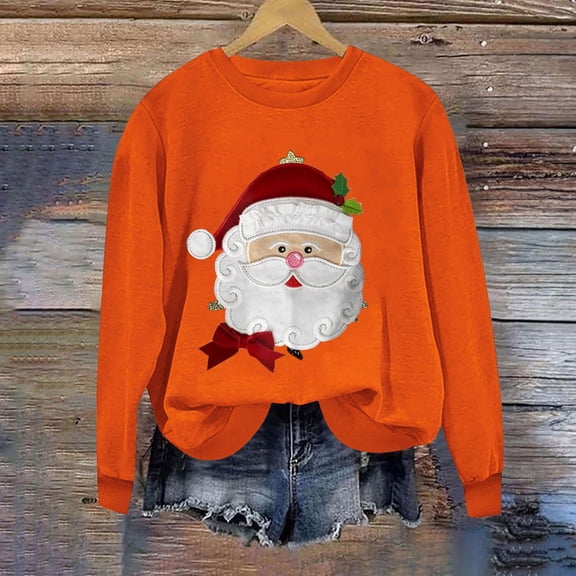 Uootdi Women's Round Neck Merry Christmas Santa Printed Long Sleeved Top Sweatshirts Gift
