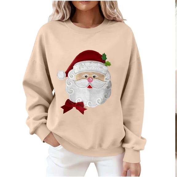 Uootdi Women's Round Neck Merry Christmas Santa Printed Long Sleeved Top Sweatshirts Gift