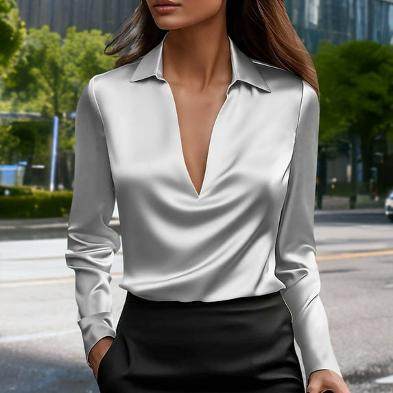 Uootdi Women's Satin Blouses Elegant Long Sleeve Shirts Vintage Satin Blouse Casual Dressy Business Tops
