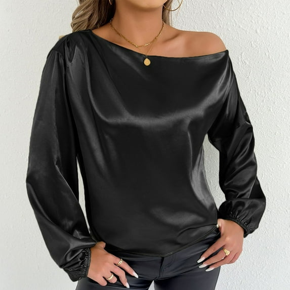 Uootdi Women's Satin Blouses Elegant Long Sleeve Shirts Vintage Satin Blouse Casual Dressy Business Tops