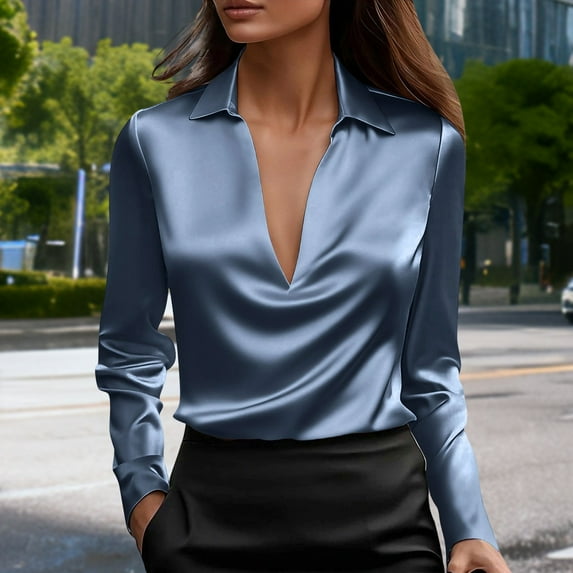 Uootdi Women's Satin Blouses Elegant Long Sleeve Shirts Vintage Satin Blouse Casual Dressy Business Tops