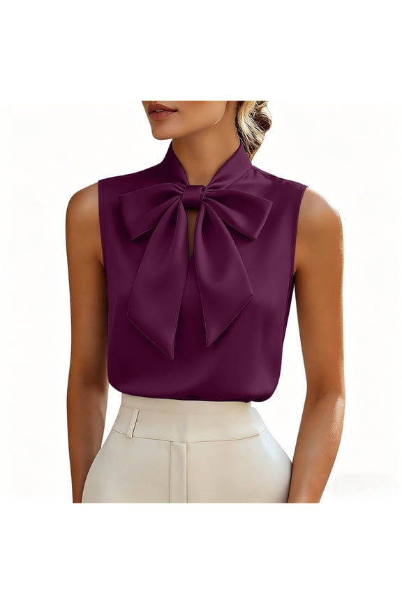 Women's Satin Blouses Sleeveless Bow Tie Neck Blouses Office Daily Style Elegant Breathable Slim Fit Tops Gift