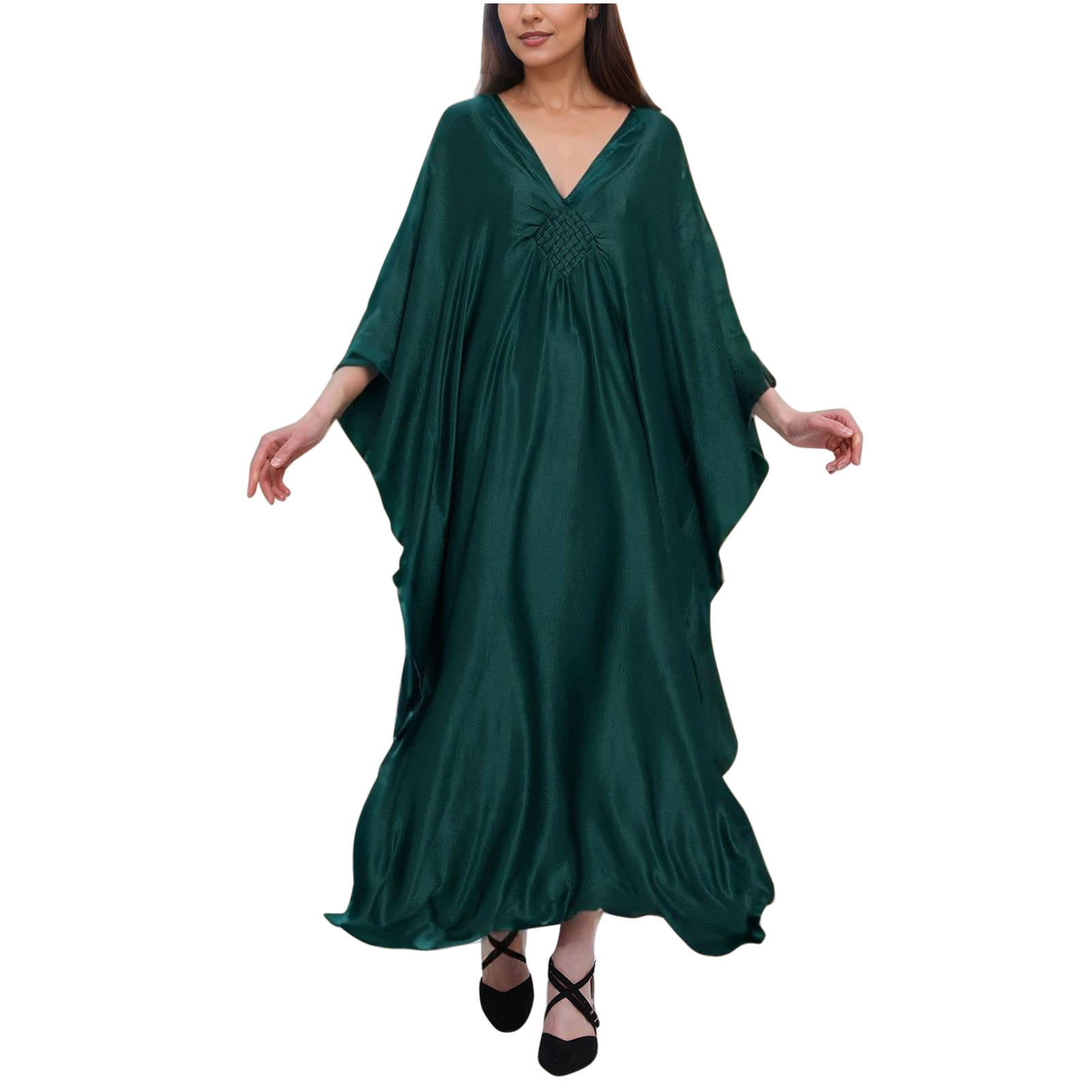 Uootdi Women's Satin Kaftan Dress V Neck Flowy Maxi Dress Loose Fit Evening  Gown Elegant Party Wear Caftan Plus Size Cover Up Trendy Boho Beach Dress  Multiple Solid Colors for Special Occasions -