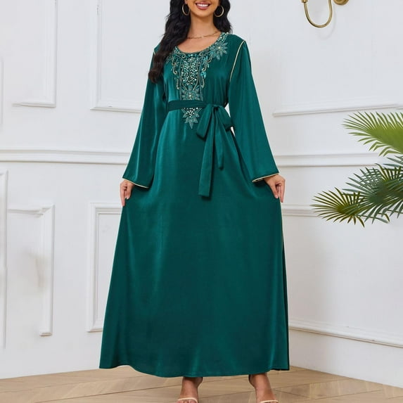 Uootdi Women's Satin Kaftan Dress V Neck Flowy Maxi Dress Loose Fit Evening Gown Elegant Party Wear Caftan Plus Size Cover Up Trendy Boho Beach Dress Multiple Solid Colors for Special Occasions