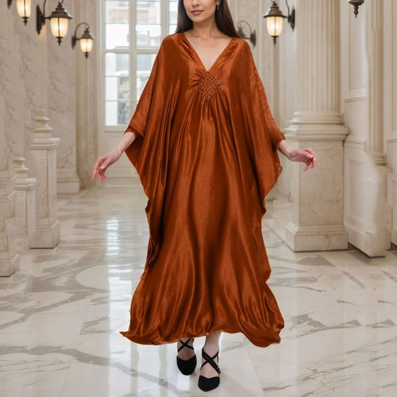 Uootdi Women's Satin Kaftan Dress V Neck Flowy Maxi Dress Loose Fit Evening Gown Elegant Party Wear Caftan Plus Size Cover Up Trendy Boho Beach Dress Multiple Solid Colors for Special Occasions