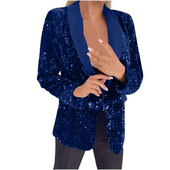 Uootdi Women's Sequin Blazer Jacket Lapel Long Sleeve Button Up Sparkly Party Coat Evening Formal Outwear Glitter Stage Performance Top Blue Women Top