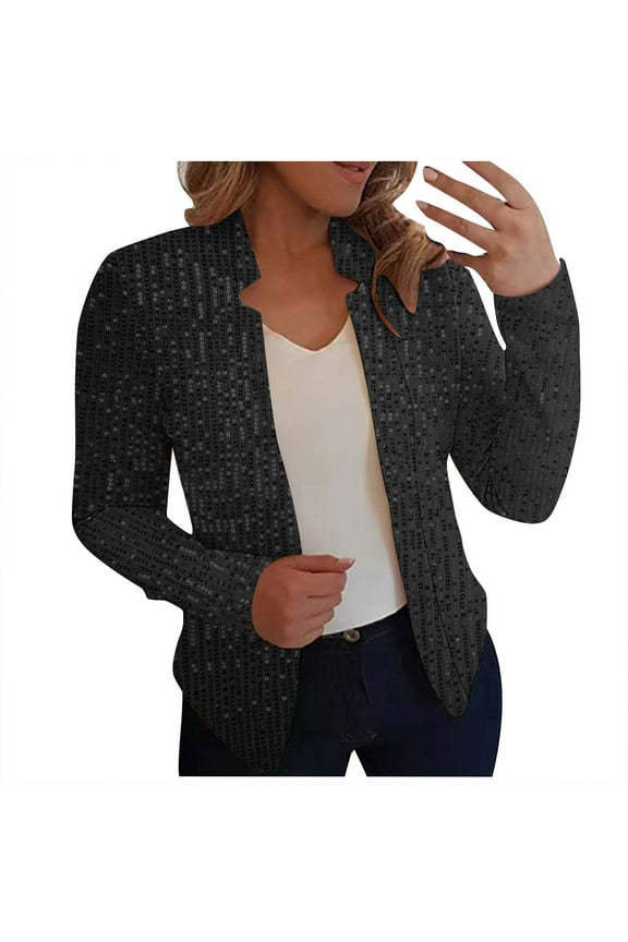 Women's Sequin Blazer Open Front Long Sleeve Sparkly Jacket Glitter Party Outwear Formal Evening Coat Shiny Cocktail Top Trendy Black Women Top