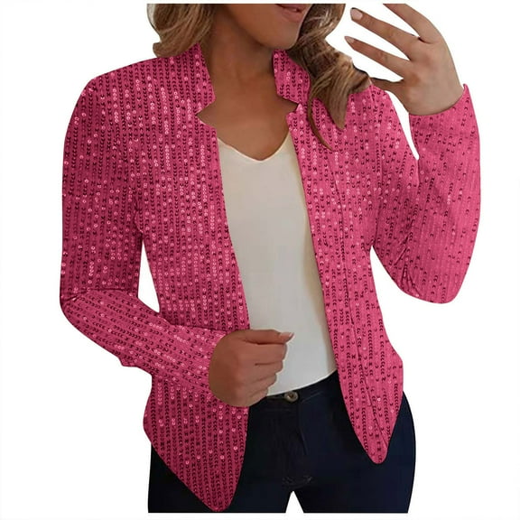 Uootdi Women's Sequin Blazer Open Front Long Sleeve Sparkly Jacket Glitter Party Outwear Formal Evening Coat Shiny Cocktail Top Trendy Hot Pink Women Top
