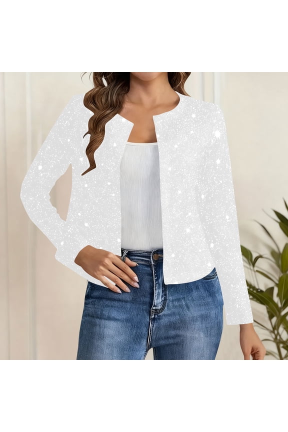 Women's Sequin Cardigan Cropped Coats Glitter Shiny Casual Thin Jackets Dressy Long Sleeve Open Front Party Sparkly Gift