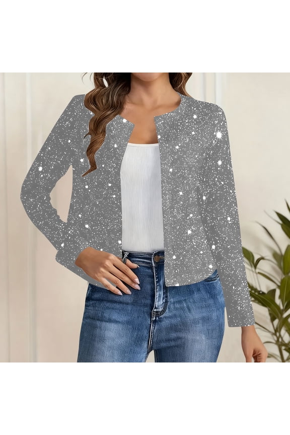 Women's Sequin Cardigan Cropped Coats Glitter Shiny Casual Thin Jackets Dressy Long Sleeve Open Front Party Sparkly Gift
