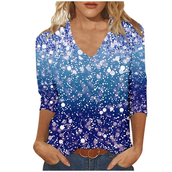 Uootdi Women's Sequin V Neck Top 3/4 Sleeves Sparkle Shirt Gradient Glitter Tee Party Evening Outfit Trendy Festival Fashion Multicolor Womens Tops