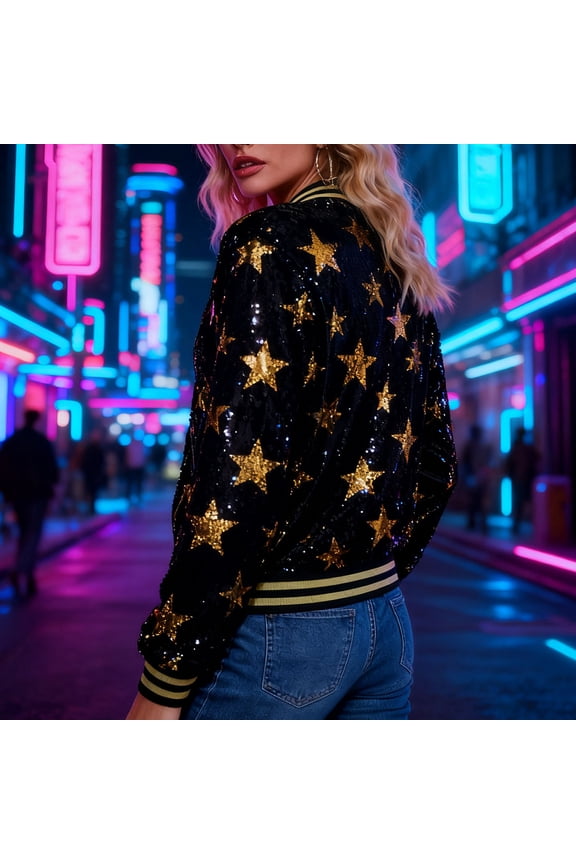 Women's Sequins Jackets Zipper up Collarless Long Sleeve Jacket Trendy Glitter Party Sparky Bomber Blazer Coat