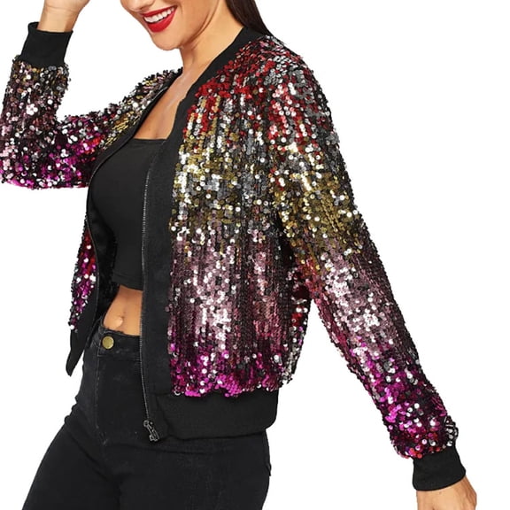 Uootdi Women's Sequins Jackets Zipper up Collarless Long Sleeve Jacket Trendy Glitter Party Sparky Bomber Blazer Coat