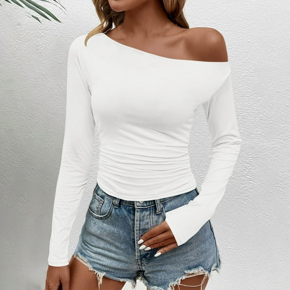 Uootdi Women's Sexy Off Shoulder Long Sleeve Tops Dressy Asymmetrical Gift Slim Fit Going Out Fall Blouse Ruched Shirts Going Ou