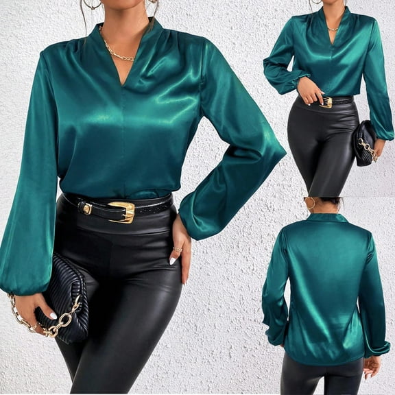 Uootdi Women's Sexy Satin Silk Top Lantern Long Sleeve V Neck Button Up Shirts Office Gift Work Blouses Business Elegant Casual Su