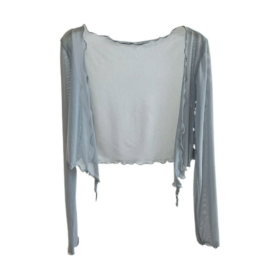 Uootdi Women's Sheer Mesh Cardigan Tie Front Long Sleeve Shrug Cropped Dancewear Cover Up Top Trendy Beachwear Lightweight Layered Outfit Blue Women Top