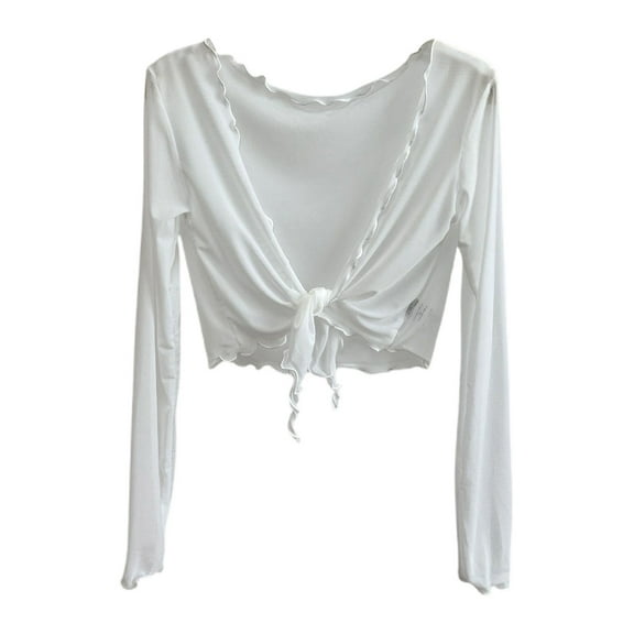 Uootdi Women's Sheer Mesh Cardigan Tie Front Long Sleeve Shrug Cropped Dancewear Cover Up Top Trendy Beachwear Lightweight Layered Outfit White Women Top