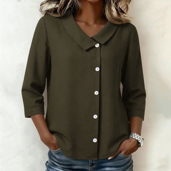Uootdi Women's Shirts 3/4 Sleeve Collared Neck Single Row Button Blouses Office Smart Casual Style Cotton Blend Lightweight Breathable Relaxed Fit Tops Gift