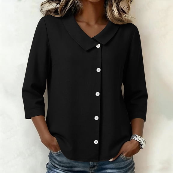 Uootdi Women's Shirts 3/4 Sleeve Collared Neck Single Row Button Blouses Office Smart Casual Style Cotton Blend Lightweight Breathable Relaxed Fit Tops Gift