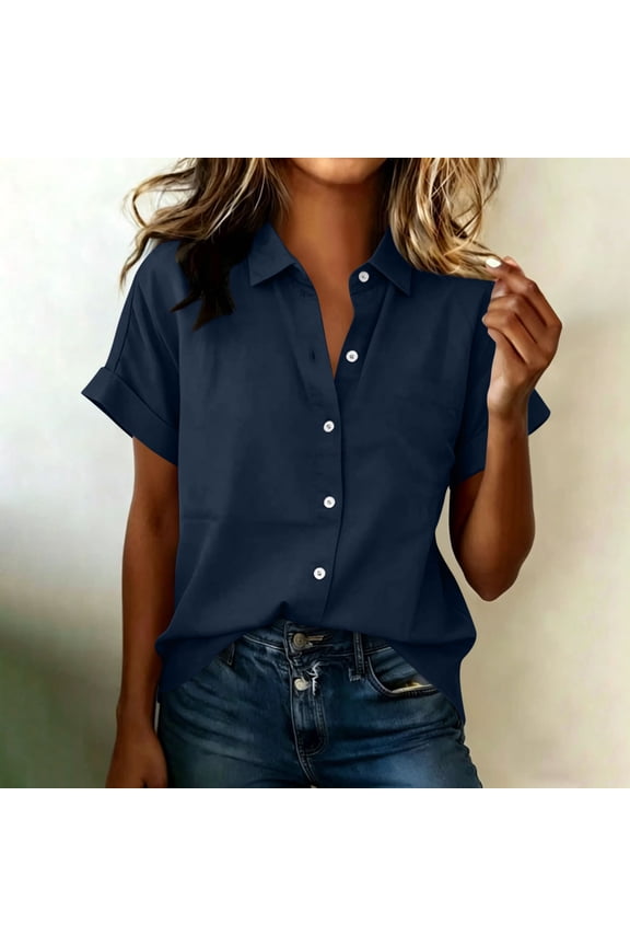 Women's Shirts Short Sleeve Collared Neck Rolled Cuff Blouses Smart Casual Office Wear Tops Gift