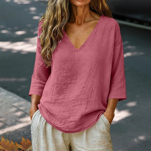 Uootdi Women's Shirts V Neck 3/4 Sleeve Linen Blend Solid Blouses Casual Daily Style Lightweight Breathable Loose Fit Tops Gift