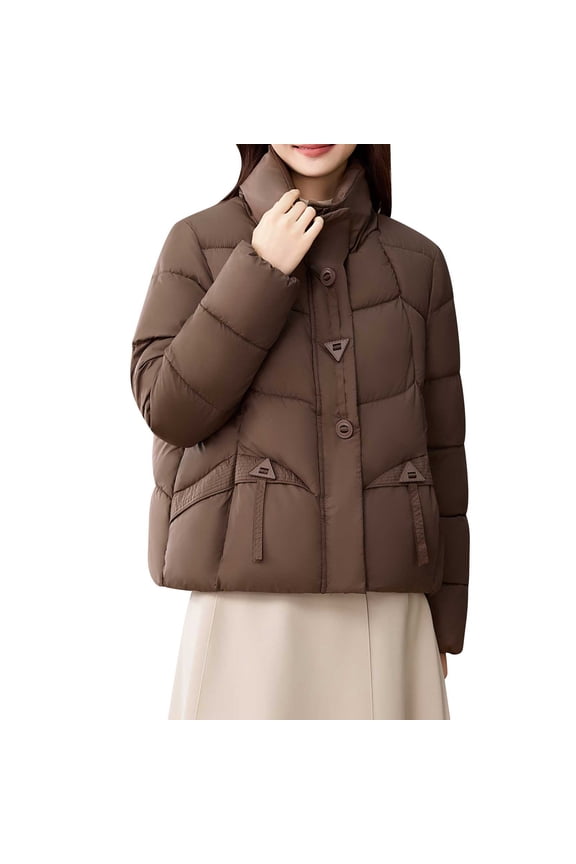 Women's Short Puffer Jacket Stand Collar Button Front Quilted Coat Winter Warm Outerwear Trendy Cropped Down Alternative Parka Coffee Women Top
