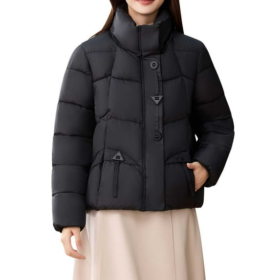 Uootdi Women's Short Puffer Jacket Stand Collar Button Front Quilted Coat Winter Warm Outerwear Trendy Cropped Down Alternative Parka Black Women Top
