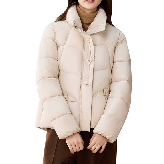 Uootdi Women's Short Puffer Jacket Stand Collar Button Front Quilted Coat Winter Warm Outerwear Trendy Cropped Down Alternative Parka White Women Top