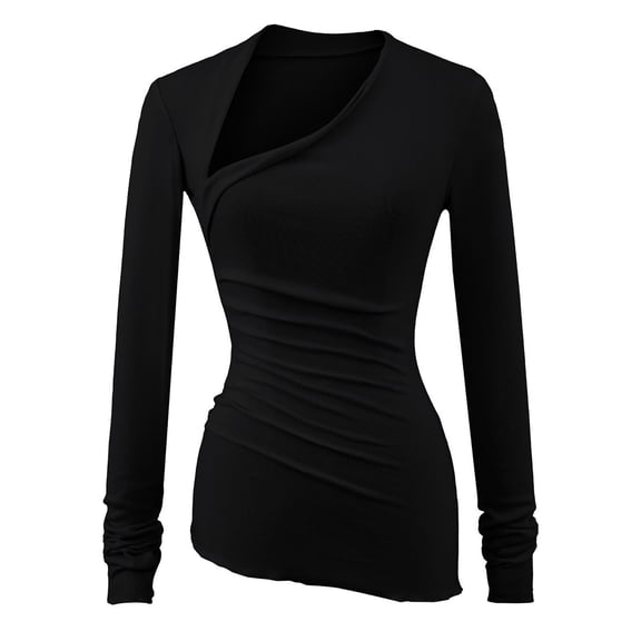 Uootdi Women's Side Split Neck Tops Y2K Cropped Long Sleeve Trendy Going Out Top Casual Solid Slim Fit T-Shirts