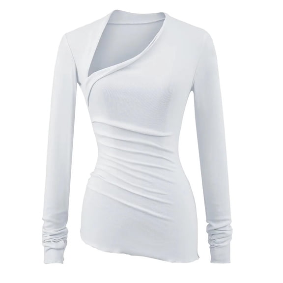 Uootdi Women's Side Split Neck Tops Y2K Cropped Long Sleeve Trendy Going Out Top Casual Solid Slim Fit T-Shirts