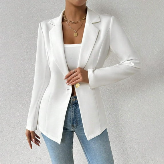 Uootdi Women's Single Button Blazer - Tailored Fit Long Sleeve Jacket, Formal Office Work Outerwear, Trendy Business Casual Coat, Versatile Solid Color Blazers White Women Top