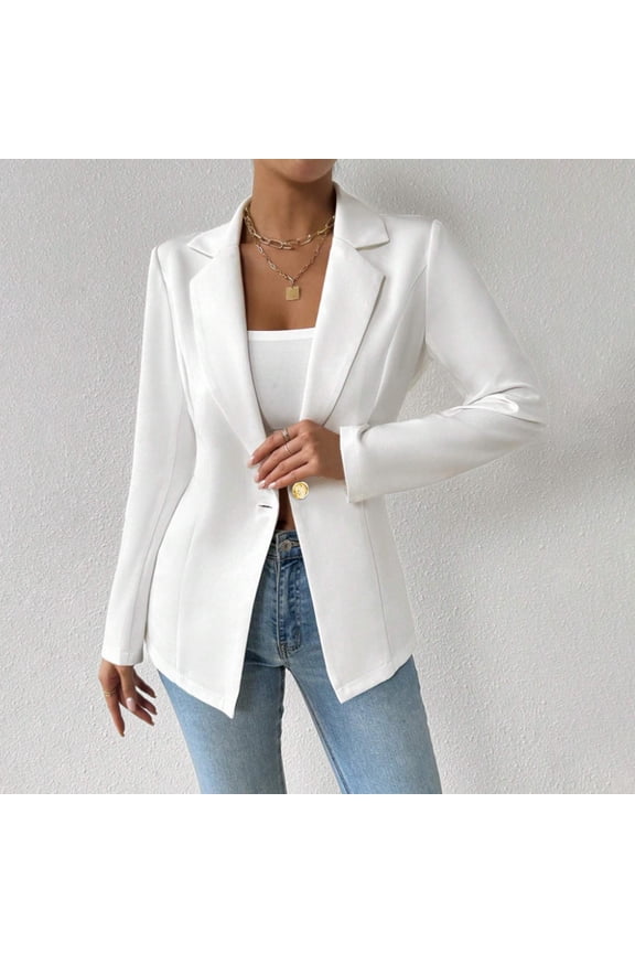 Women's Single Button Blazer - Tailored Fit Long Sleeve Jacket, Formal Office Work Outerwear, Trendy Business Casual Coat, Versatile Solid Color Blazers White Women Top