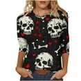 thumbnail image 1 of Uootdi Women's Skull Graphic Shirt – 3/4 Sleeve Crew Neck. Dark - chic Skulls, Hearts & Bones. A Must - have for Gothic Fans, Casual Wear & Stylish Layering Multicolor Womens Tops, 1 of 1