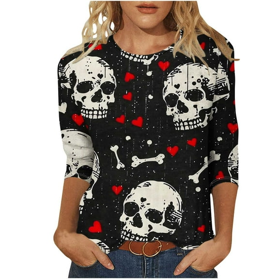 Uootdi Women's Skull Graphic Shirt – 3/4 Sleeve Crew Neck. Dark - chic Skulls, Hearts & Bones. A Must - have for Gothic Fans, Casual Wear & Stylish Layering Multicolor Womens Tops