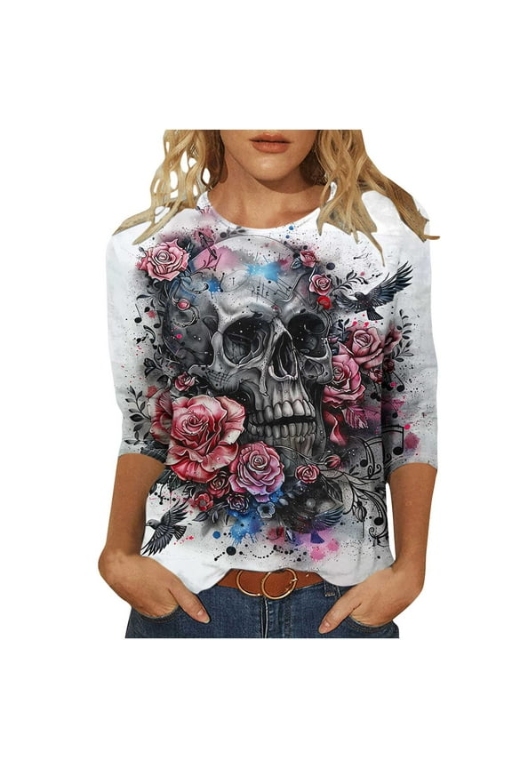 Women's Skull Rose Graphic Print Top Half Sleeve Loose Fit Casual Shirt with Bohemian Design Lightweight Breathable Daily Wear Multicolor Womens Tops