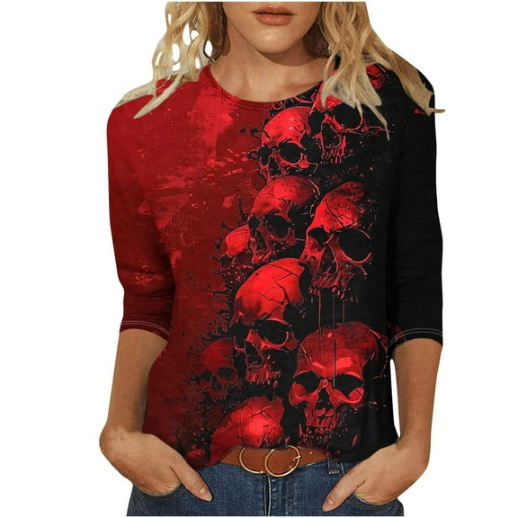 Uootdi Women's Skull Sweatshirts Flowe 3/4 Long Sleeve Crewneck Pullover Shirt Fall Tunic Top for Womens Multicolor Womens Tops