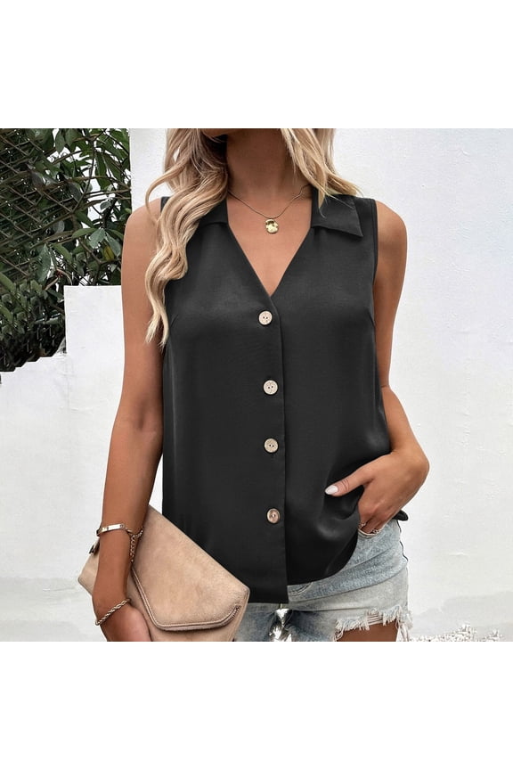 Women's Sleeveless Shirts Collared Neck V Neck Button Down Blouses Office Smart Casual Style Lightweight Breathable Relaxed Fit Tops Gift